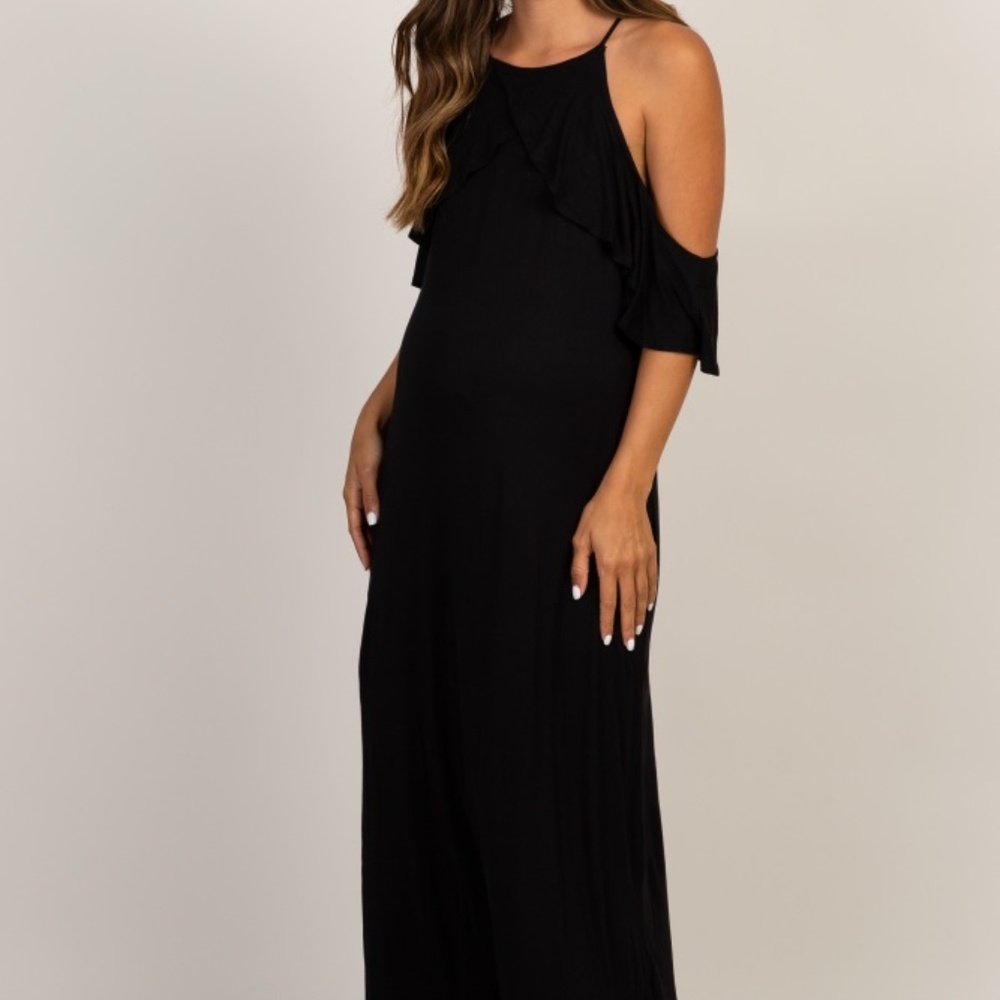 Black Ruffle Trim Open Shoulder Maternity Maxi